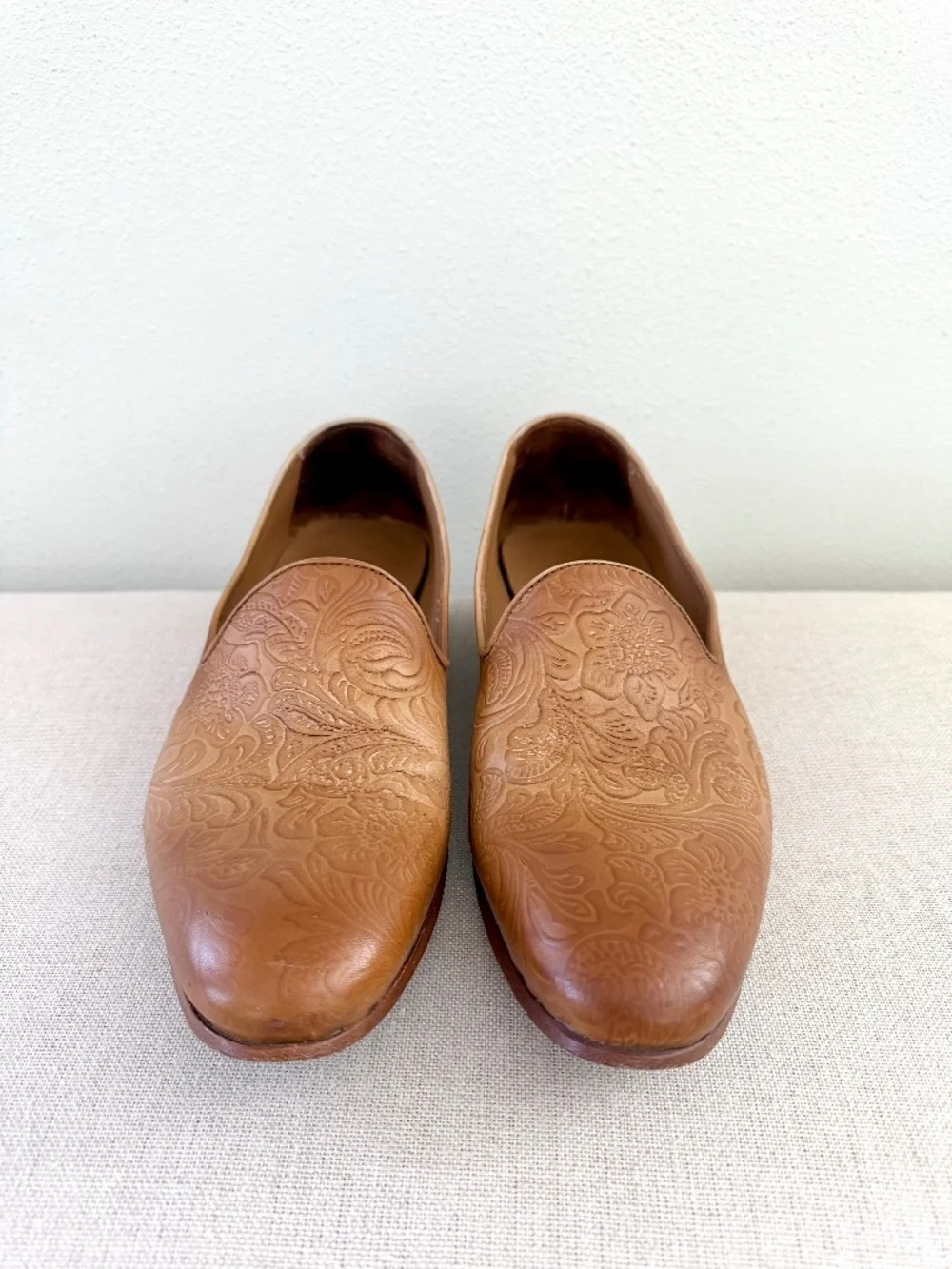 TAFT Mens Embossed Floral Leather Loafers Cognac Tan Handmade Spain EU 40.5